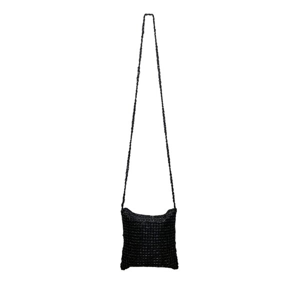 Handmade Women’s Black Beaded Squared Woven Pattern Long Strap Crossbody Bag - Picture 2 of 11
